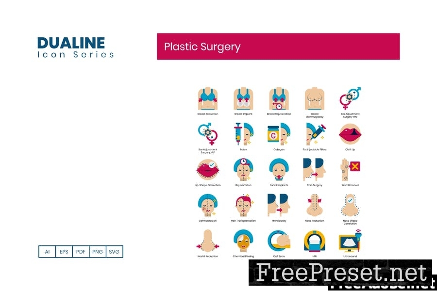 70 Plastic Surgery Icons - Dualine Flat Series