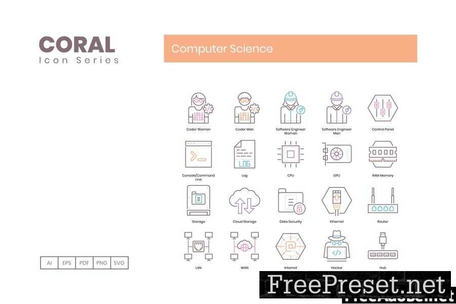 75 Computer Science Icons - Coral Series AMYLEVV