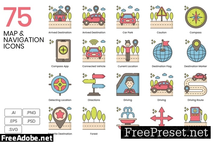 75 Map & Navigation Line Icons V4P23DK