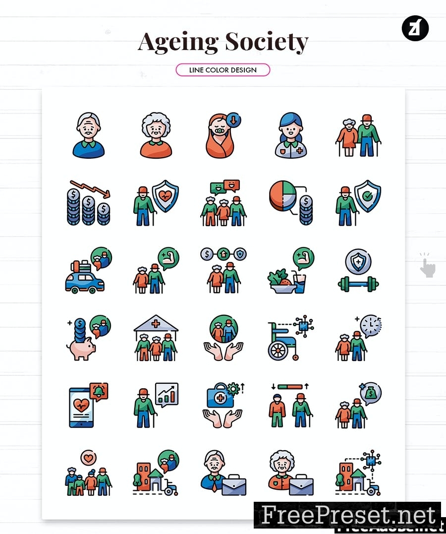 90 Ageing society element icon pack