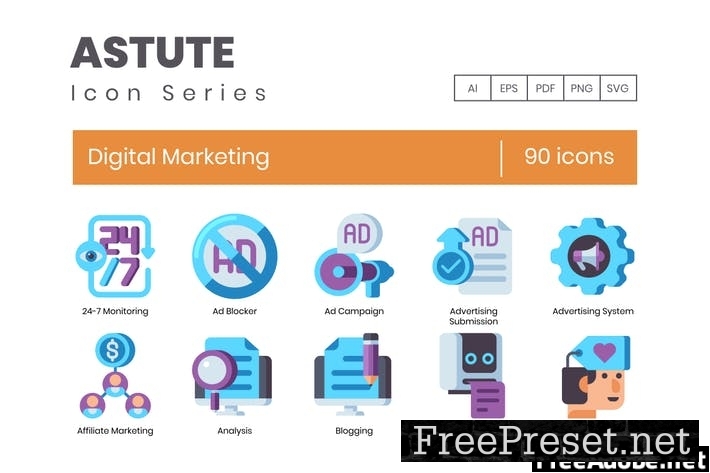 90 Digital Marketing Flat Icons QPG7537