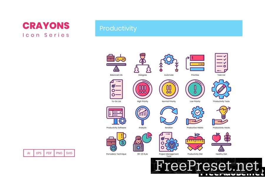 90 Productivity Icons - Crayons Series