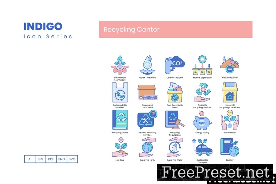 90 Recycling Center Icons - Indigo Series