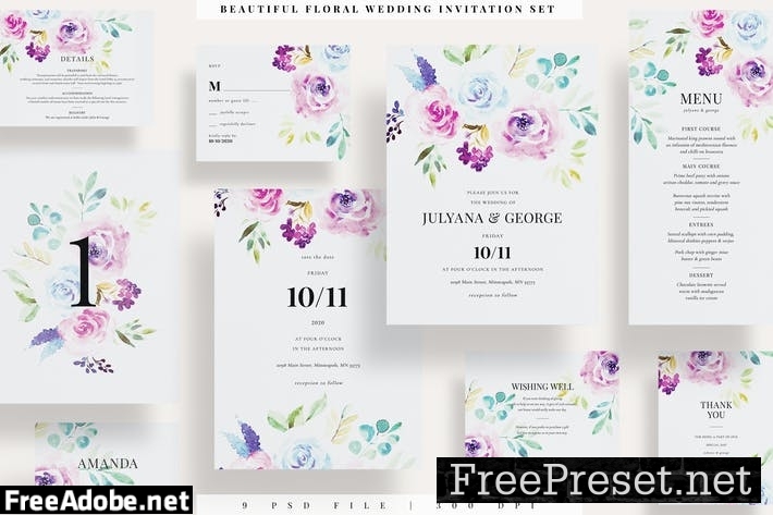 Beautiful Floral Wedding Invitation Set EZ 78NPVFU