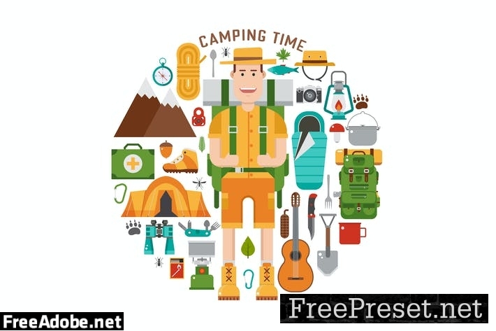 Camping Time Circle Print with Hiking Icons ZT29XWG