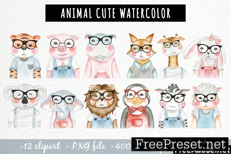 Cute Animal With Glasses Watercolor