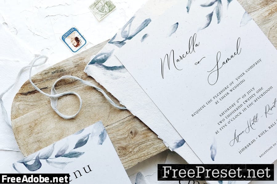 Elegant Blue Watercolor Sprig Wedding Suite