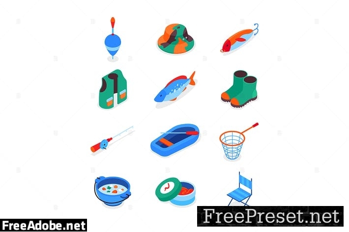 Fishing equipment - colorful isometric icons EUL4TS6