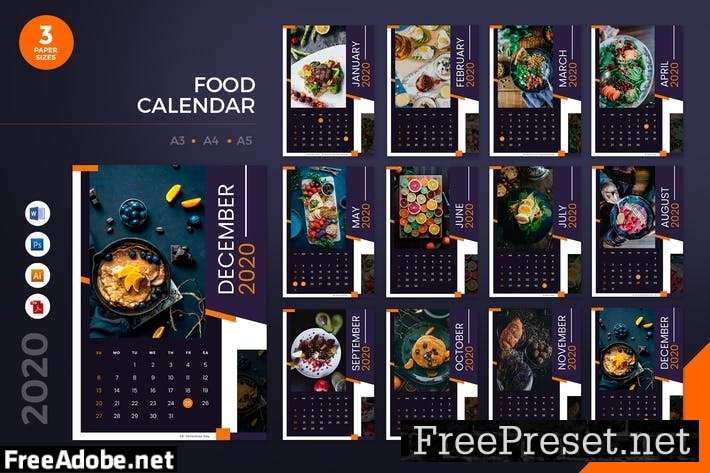 Food Restaurant 2020 Calendar - AI, DOC, PSD TSNE682