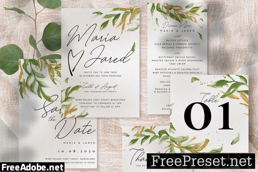 Gold Greenery Wedding Invitation Suite