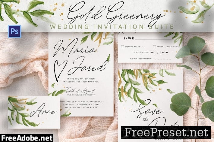 Gold Greenery Wedding Invitation Suite S5KUE6C