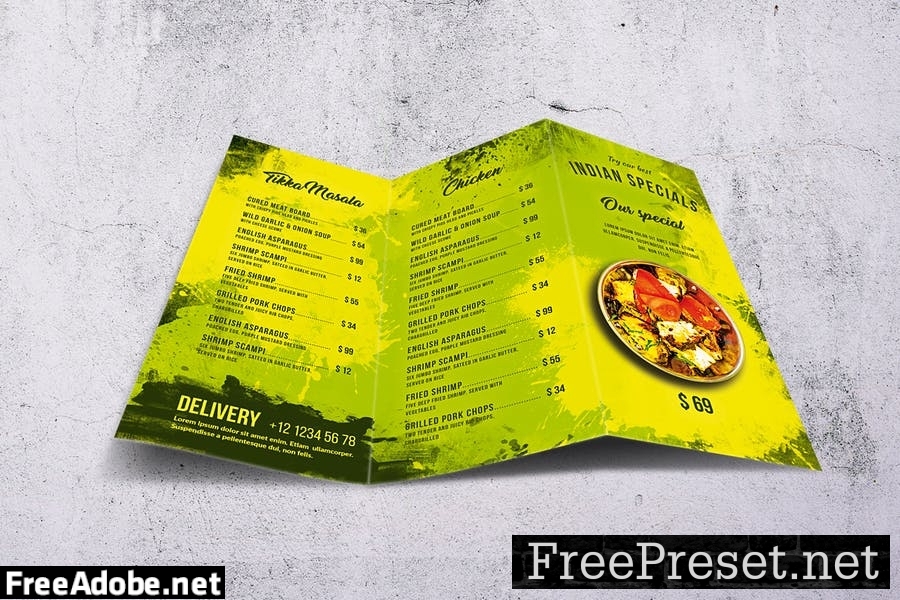 Indian Cuisine Trifold A4 & US Letter Food Menu XCNDDYT