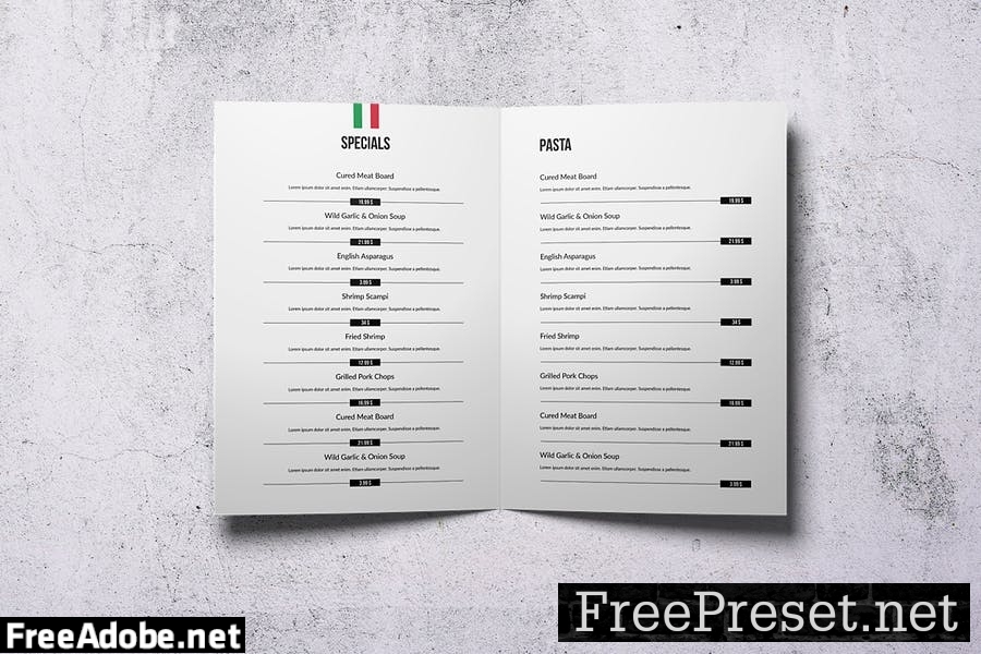 Italian Cuisine Elegant Bifold Menu A4 & US Letter