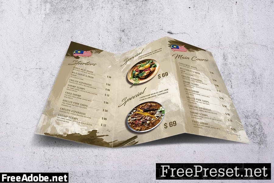 Malaysian Cuisine Trifold A4 & US Letter Food Menu