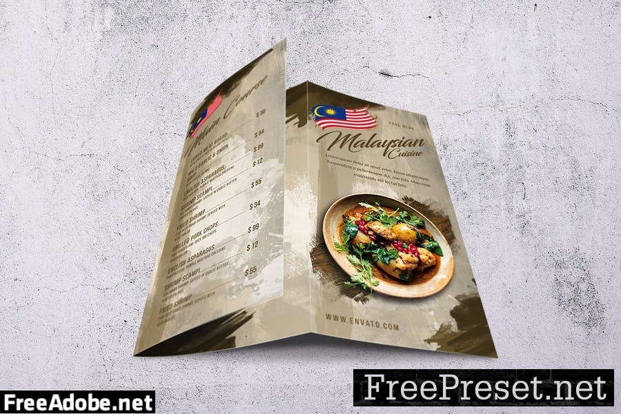 Malaysian Cuisine Trifold A4 & US Letter Food Menu