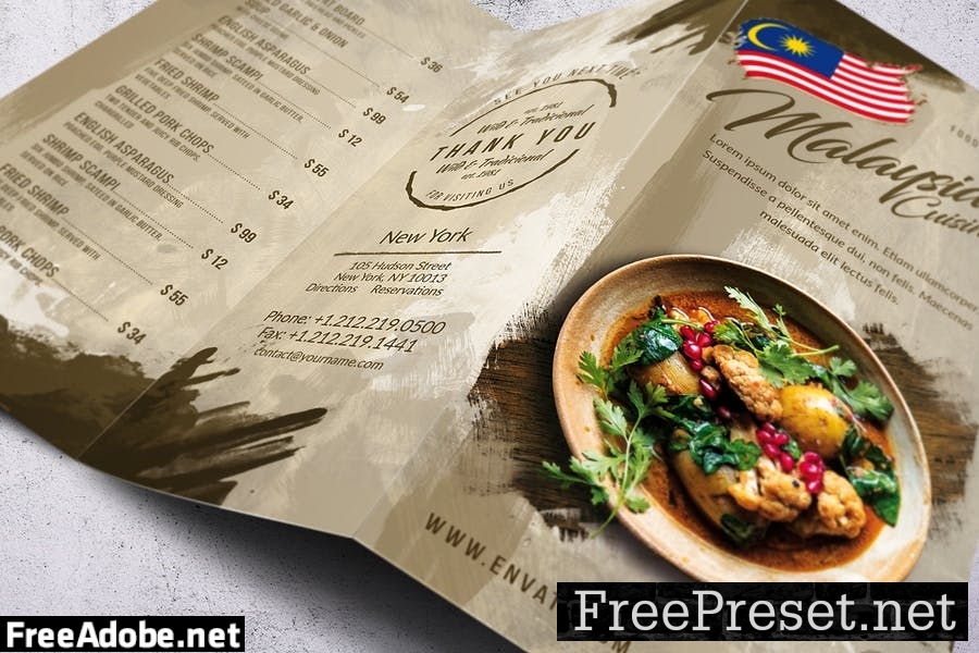 Malaysian Cuisine Trifold A4 & US Letter Food Menu