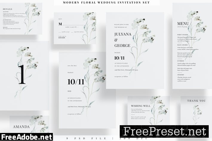 Modern Floral Wedding Invitation Set EZ 4TAG2SH