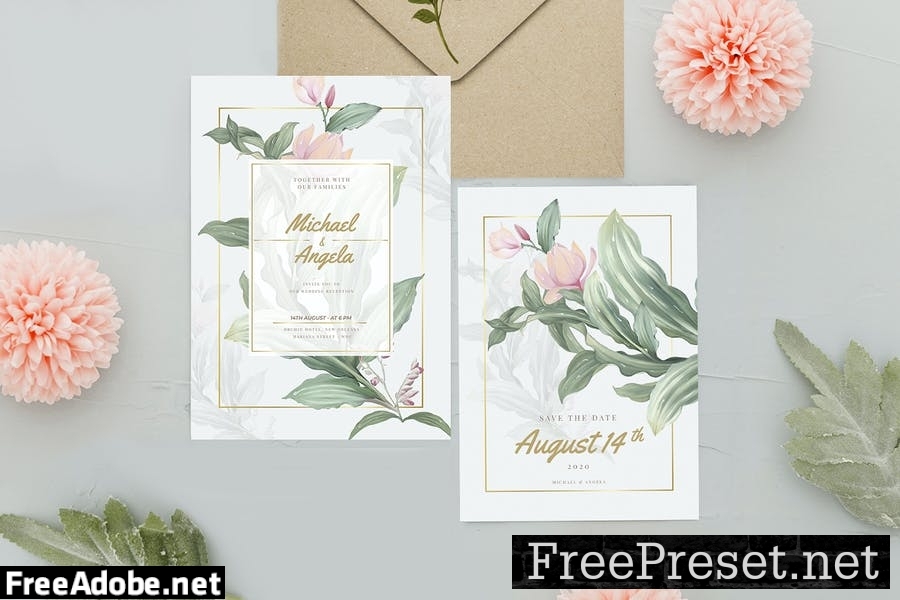 Pink Flower and Leaf - Wedding Invitation