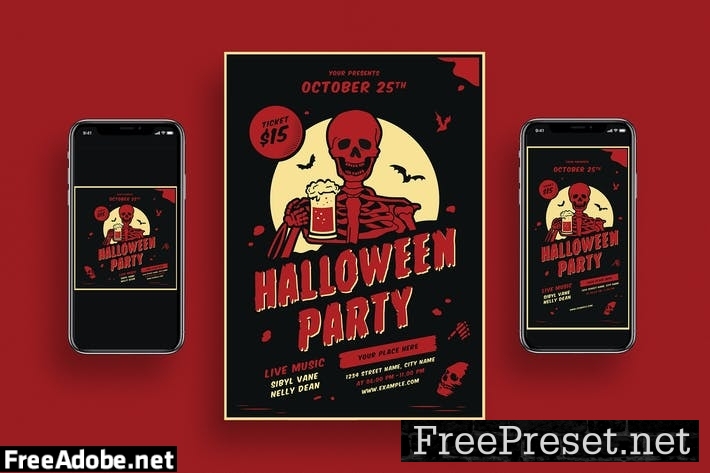 Retro Halloween Party Flyer + Social Media RE3NAEB