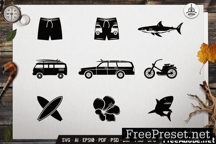 Surfing Elements Collection Summer Icon Graphics Y2QN93C