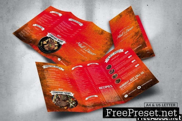 Trifold Food Menu Design A4 & US Letter CCARZCU