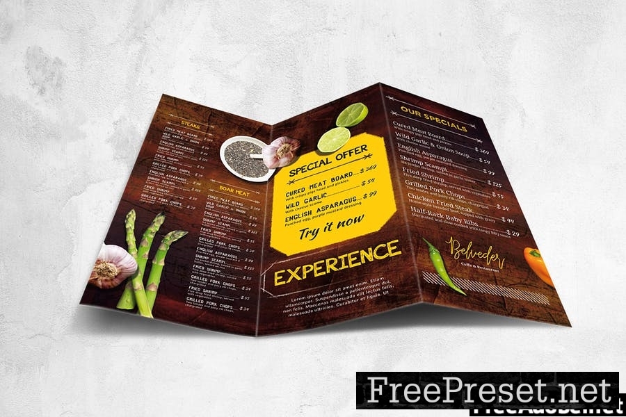 Trifold Food Menu Design A4 & US Letter