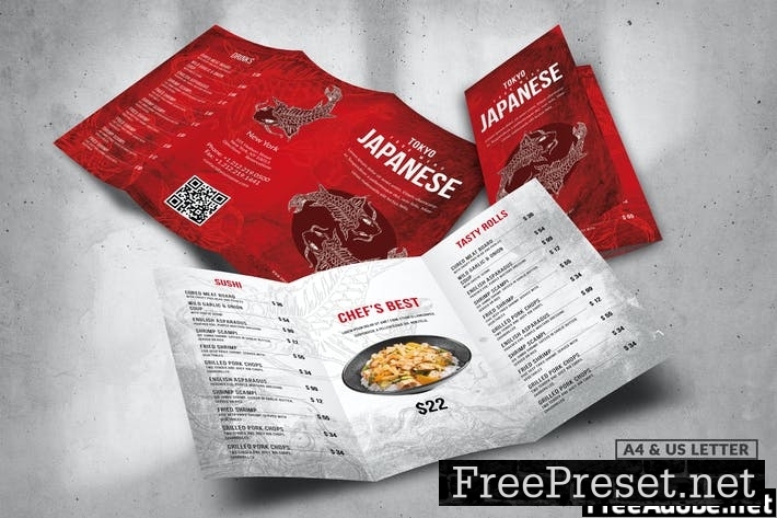 Trifold Food Menu Design A4 & US Letter BV6KZ6Y