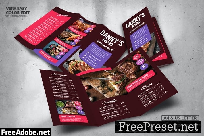 Trifold Food Menu Design A4 & US Letter UM2TDTV