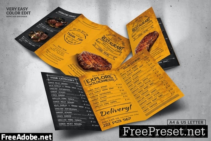 Trifold Vintage Food Menu Design A4 & US Letter NQ3JTFQ