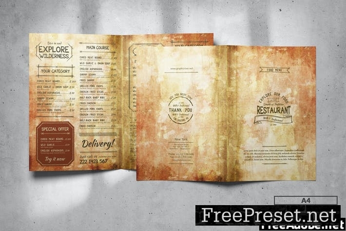 Vintage Bifold Food Menu Design A4 V7HKUWG