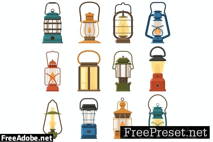 Vintage Camping Lamps and Lanterns Icons E8K8MPV