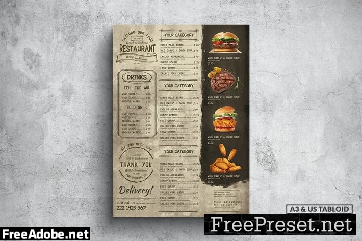 Vintage Grill Poster Food Menu - A3 & US Tabloid 9S7NGRB