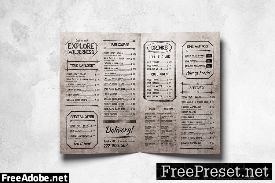 Vintage & Rustic Bifold A4 Food Menu Design SZNE7NH