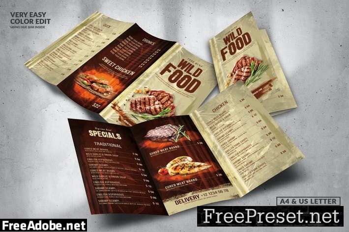 Vintage Rustic Food Menu Design A4 & US Letter 9MFZE4H