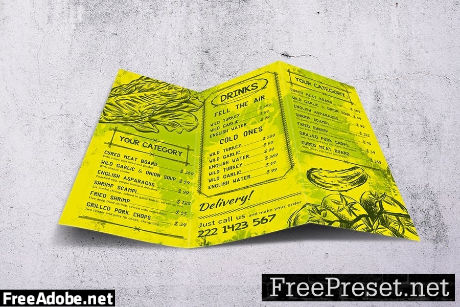 Vintage Vegan Trifold Food Menu A4 & US Letter