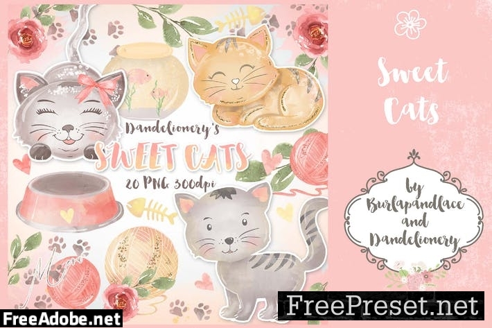 Watercolor Sweet Cats Clipart 4TVYJWT