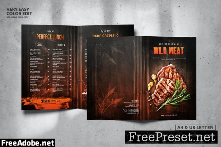 Wild Meat Bifold Food Menu Design A4 & US Letter 4E7MJXS