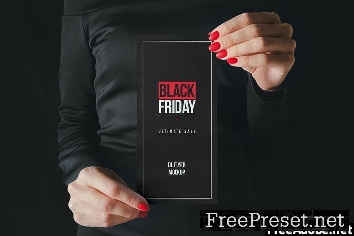 Woman Holding DL Flyer Black Scene Mockup SG7TNFH