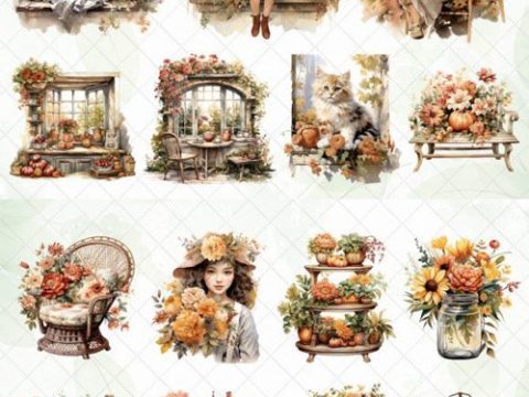 Watercolor Autumn Flowers Clipart Bundle