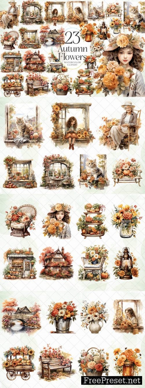 Watercolor Autumn Flowers Clipart Bundle