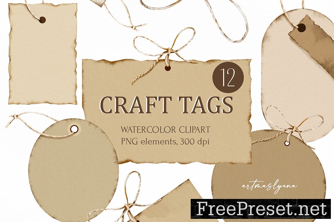 Watercolor kraft paper tags clipart. Craft label 15 PNG
