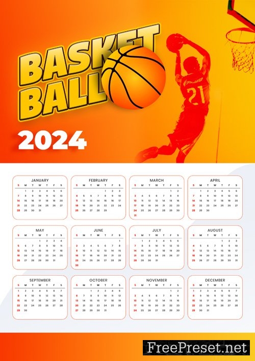 2024 Basketball Sport Wall Calendar PSD Template