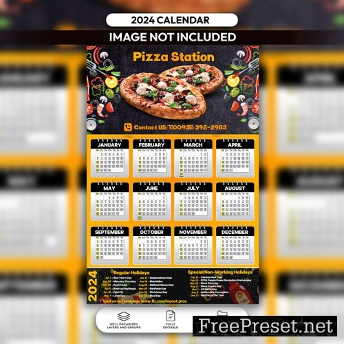 PSD pizza house calendar 2024 layout design template