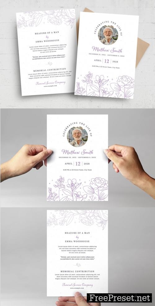 Simple Funeral Program Obituary Card Flyer with Purple Floral Flower ...