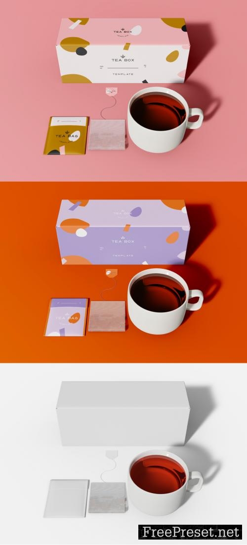 Tea Set Box Bag And Cup Mockup